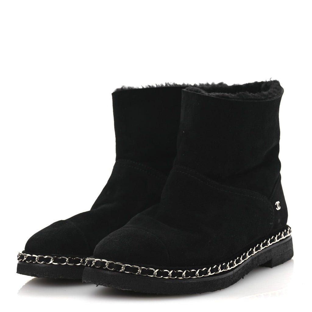 Kid Suede Shearling Womens Cap Toe Chain Short Boots 38 Black