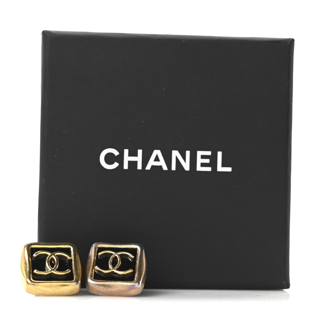 Metal Enamel CC Square Earrings Gold Black