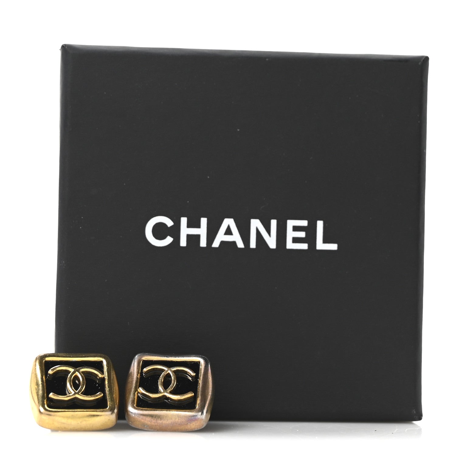 Metal Enamel CC Square Earrings Gold Black