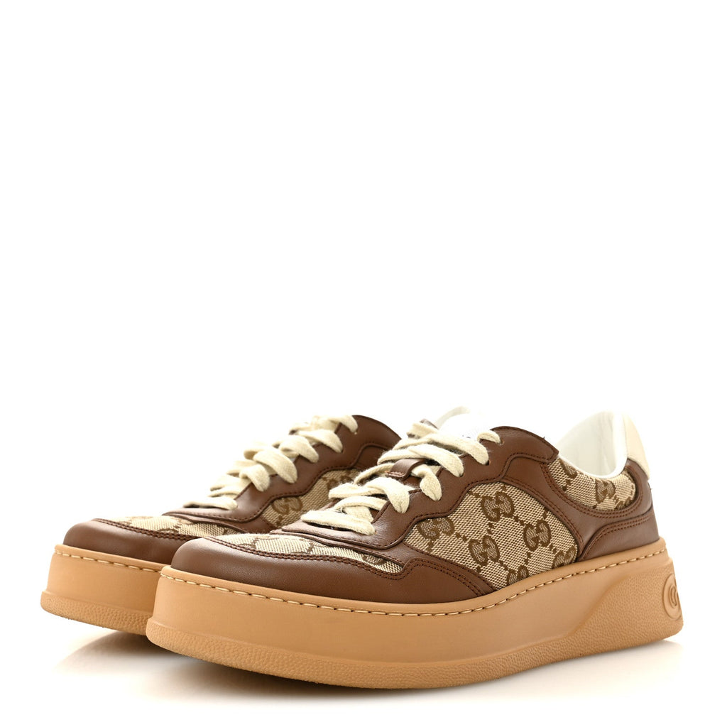 Gucci Calfskin GG Monogram Womens Platform 55mm Sneakers 38.5 Hezelnut Beige Ebony Mystic White