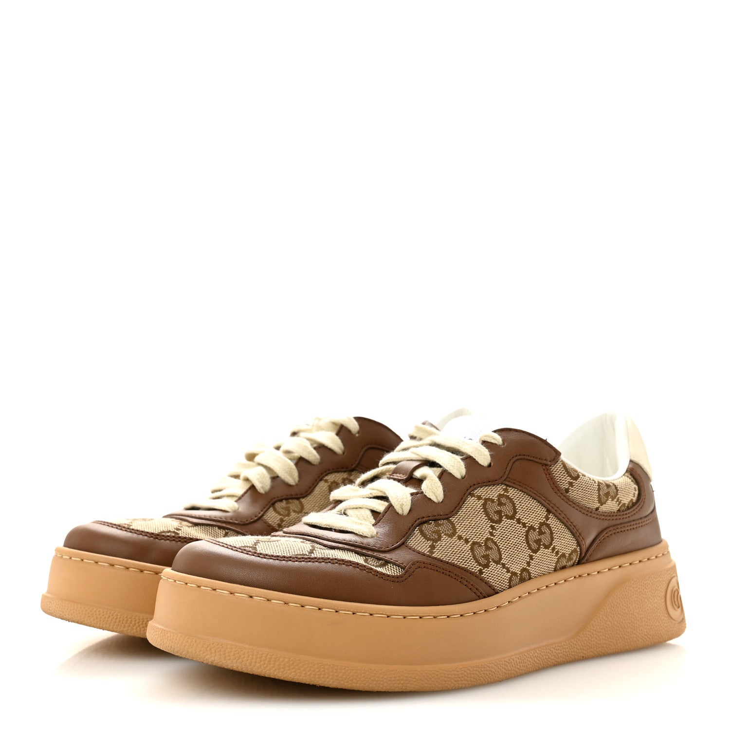 Gucci Calfskin GG Monogram Womens Platform 55mm Sneakers 38.5 Hezelnut Beige Ebony Mystic White