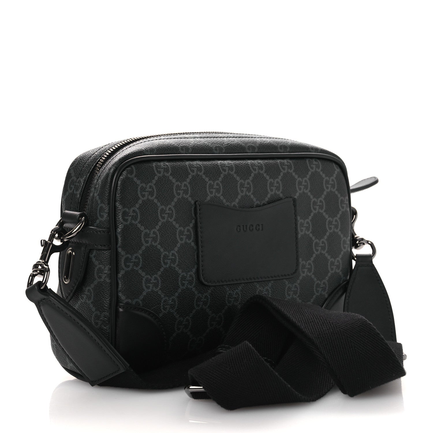 Gucci GG Supreme Monogram Textured Calfskin Emblem Small Crossbody Black