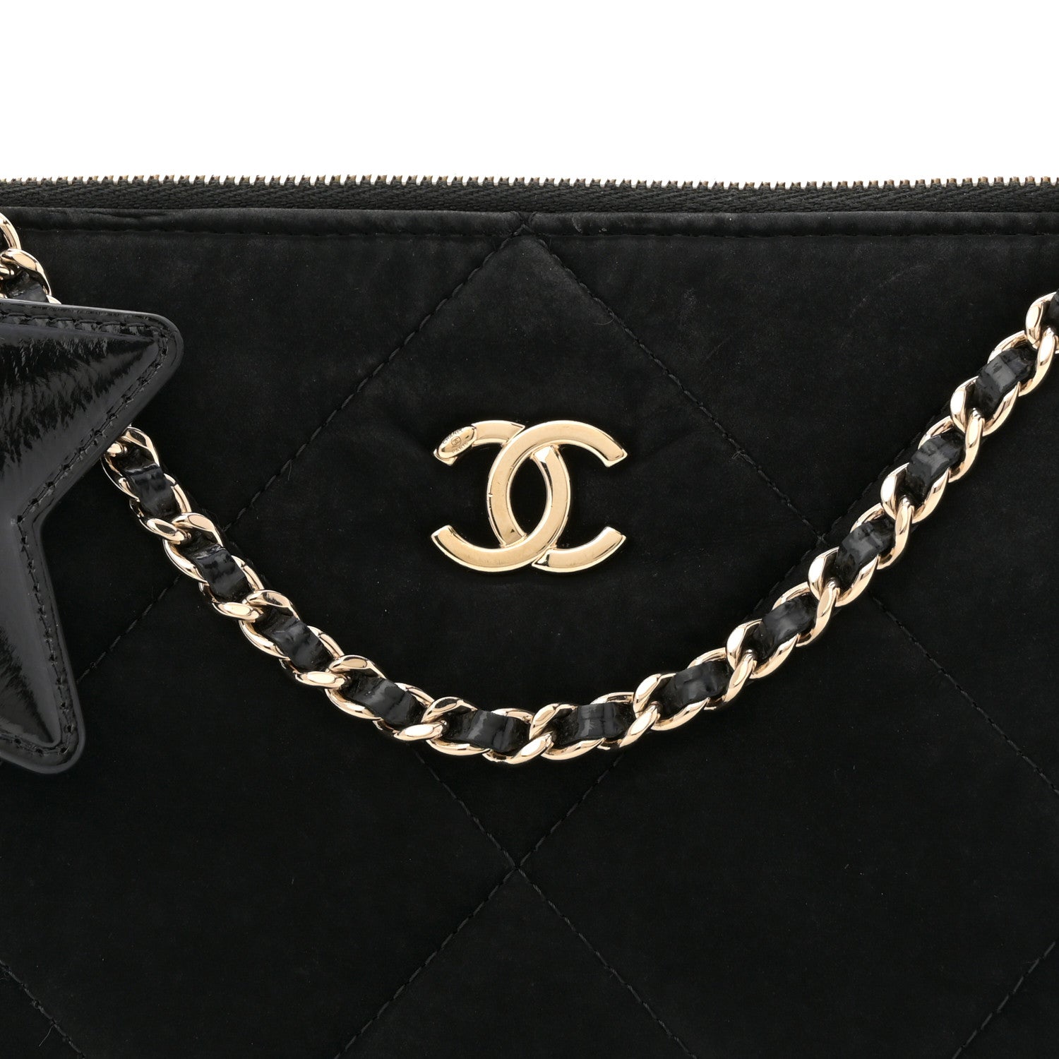 Chanel Velvet Effect Nylon Shiny Crumpled Calfskin Coco Neige Quilted Clutch With Chain Black