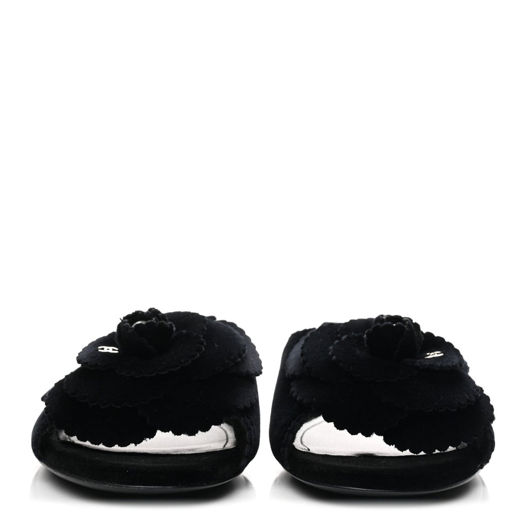 Chanel Velvet Pearl Camellia Slide Sandals 37 Black