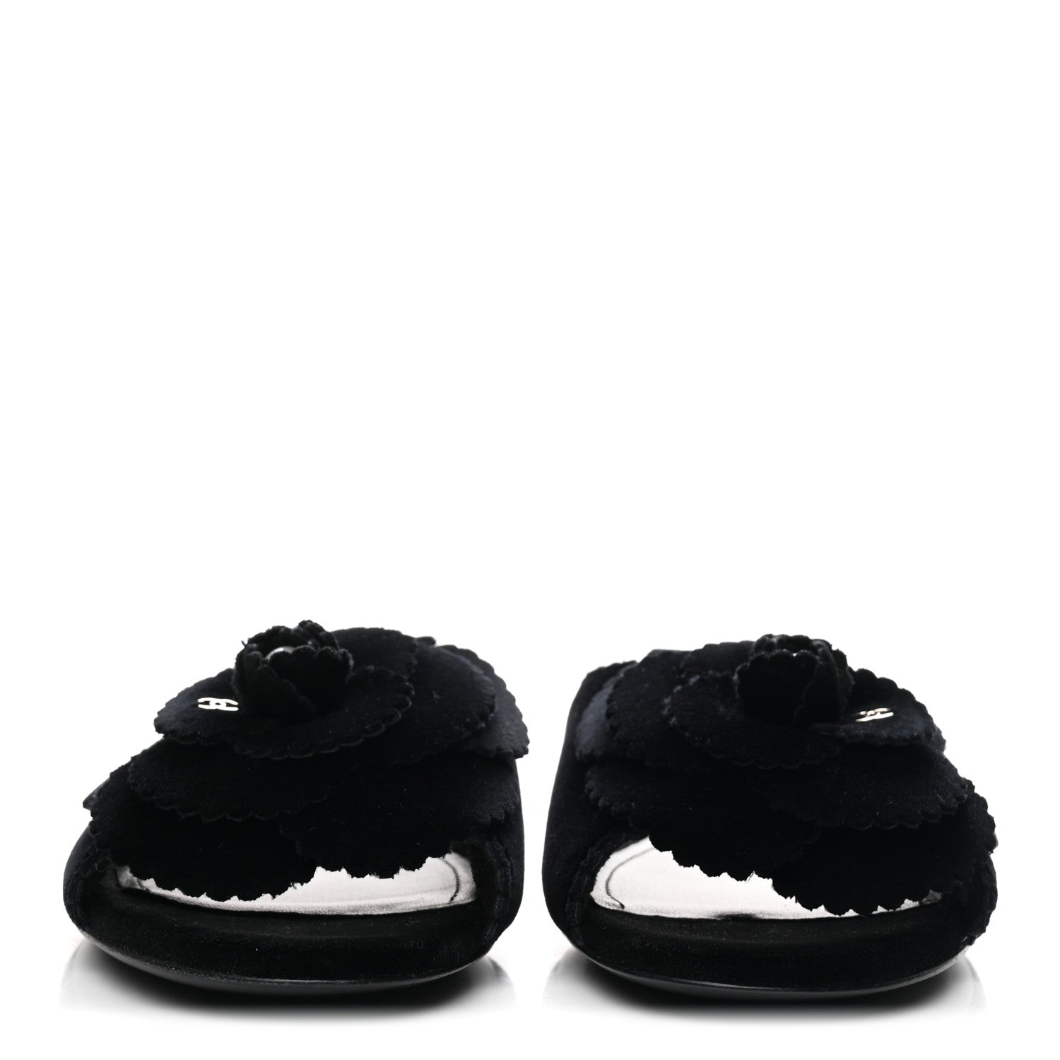 Chanel Velvet Pearl Camellia Slide Sandals 37 Black