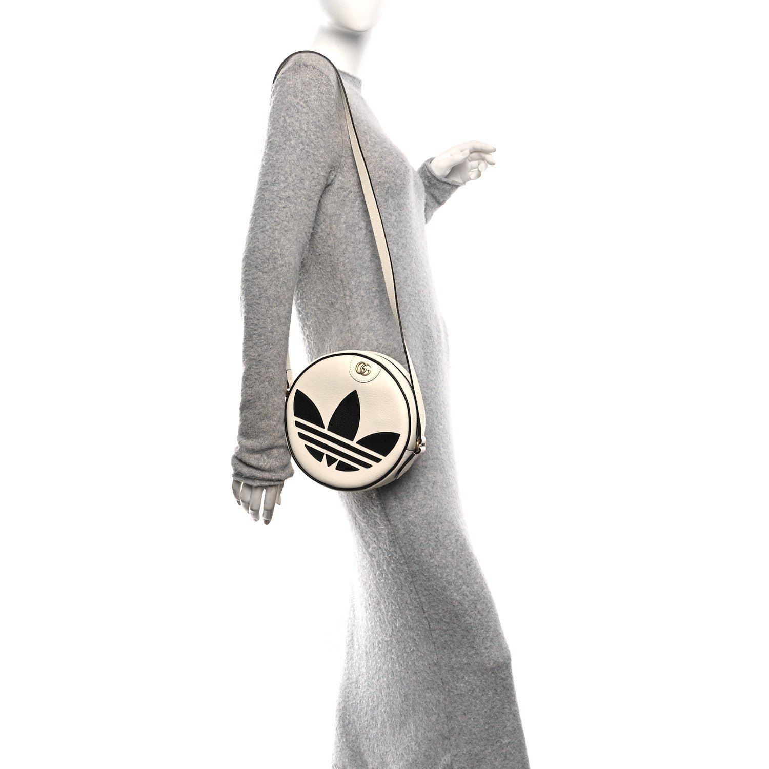 Gucci X ADIDAS Textured Dollar Calfskin Web Trefoil Logo Small Ophidia Round Shoulder Bag Off White Black