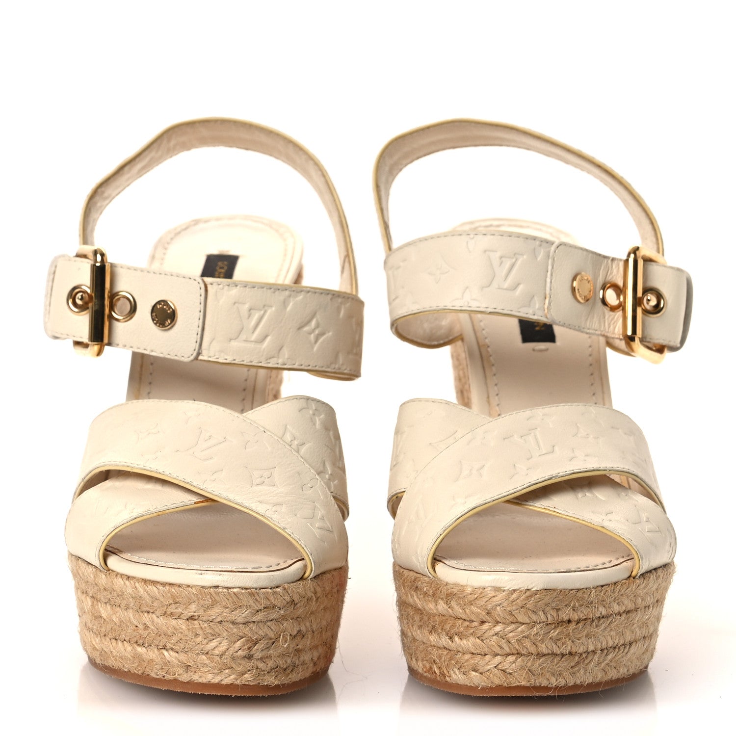 Louis Vuitton Calfskin Monogram Embossed Espadrille Wedge Sandals 36 White