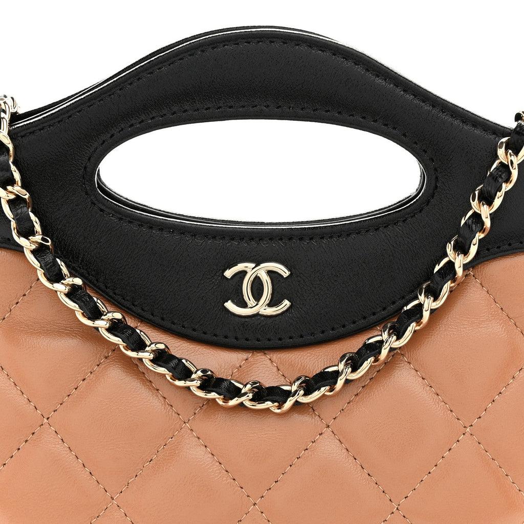 Chanel Shiny Crumpled Calfskin Quilted Nano 31 Shopping Bag Dark Beige Black
