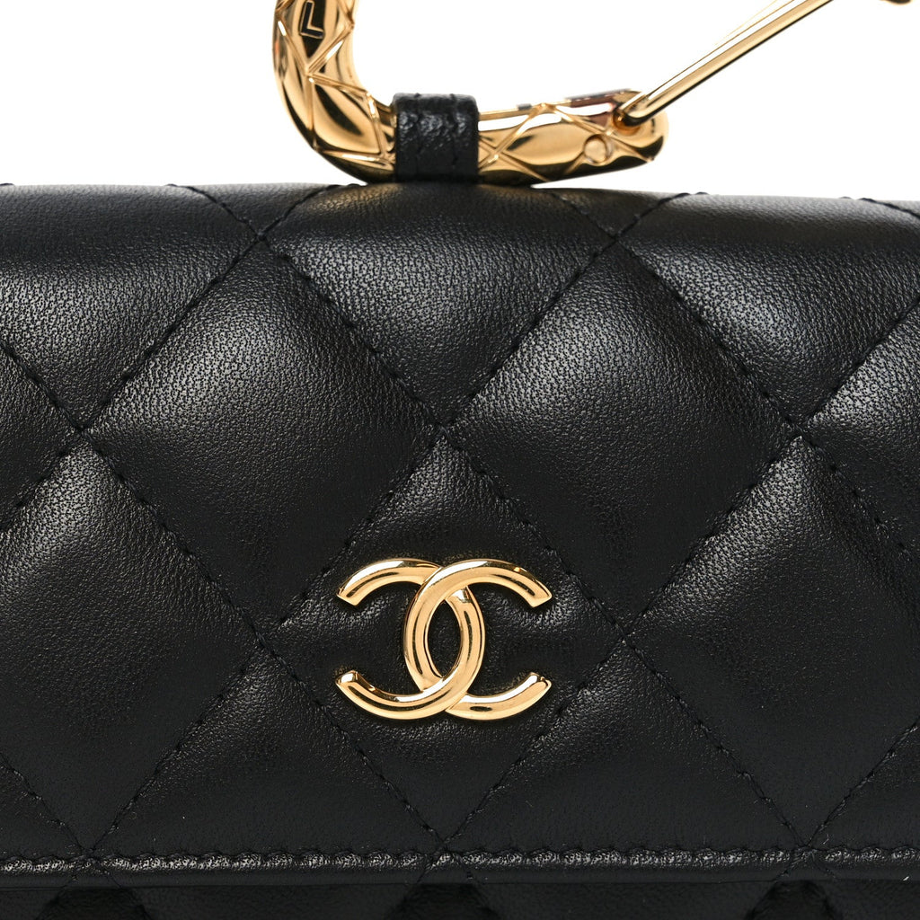 Lambskin Quilted CC Hook Card Holder Black