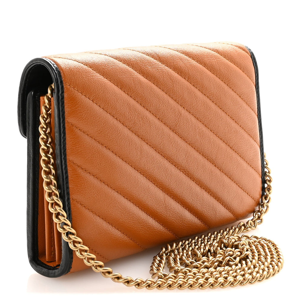 Gucci Vintage Effect Calfskin Matelasse Diagonal Torchon GG Marmont Chain Wallet Cognac