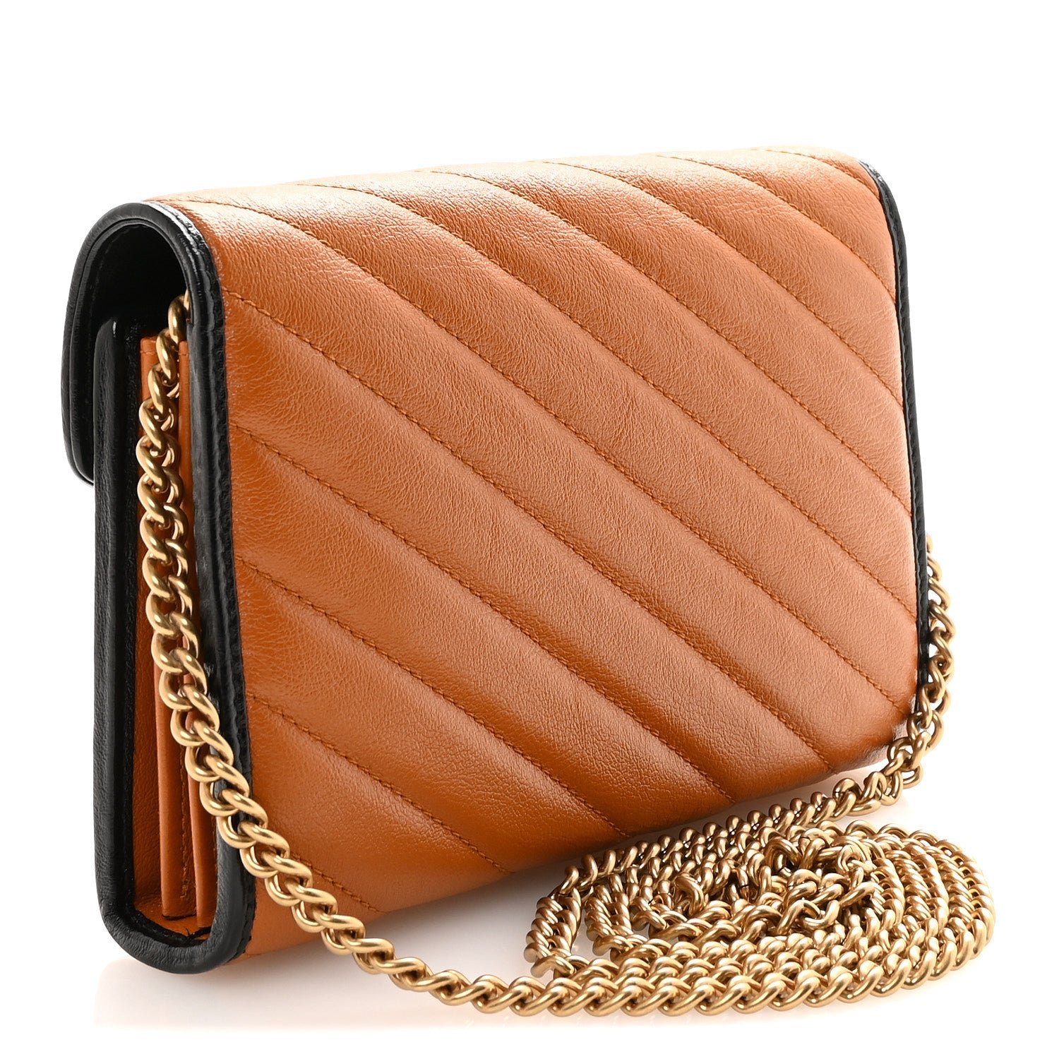 Gucci Vintage Effect Calfskin Matelasse Diagonal Torchon GG Marmont Chain Wallet Cognac