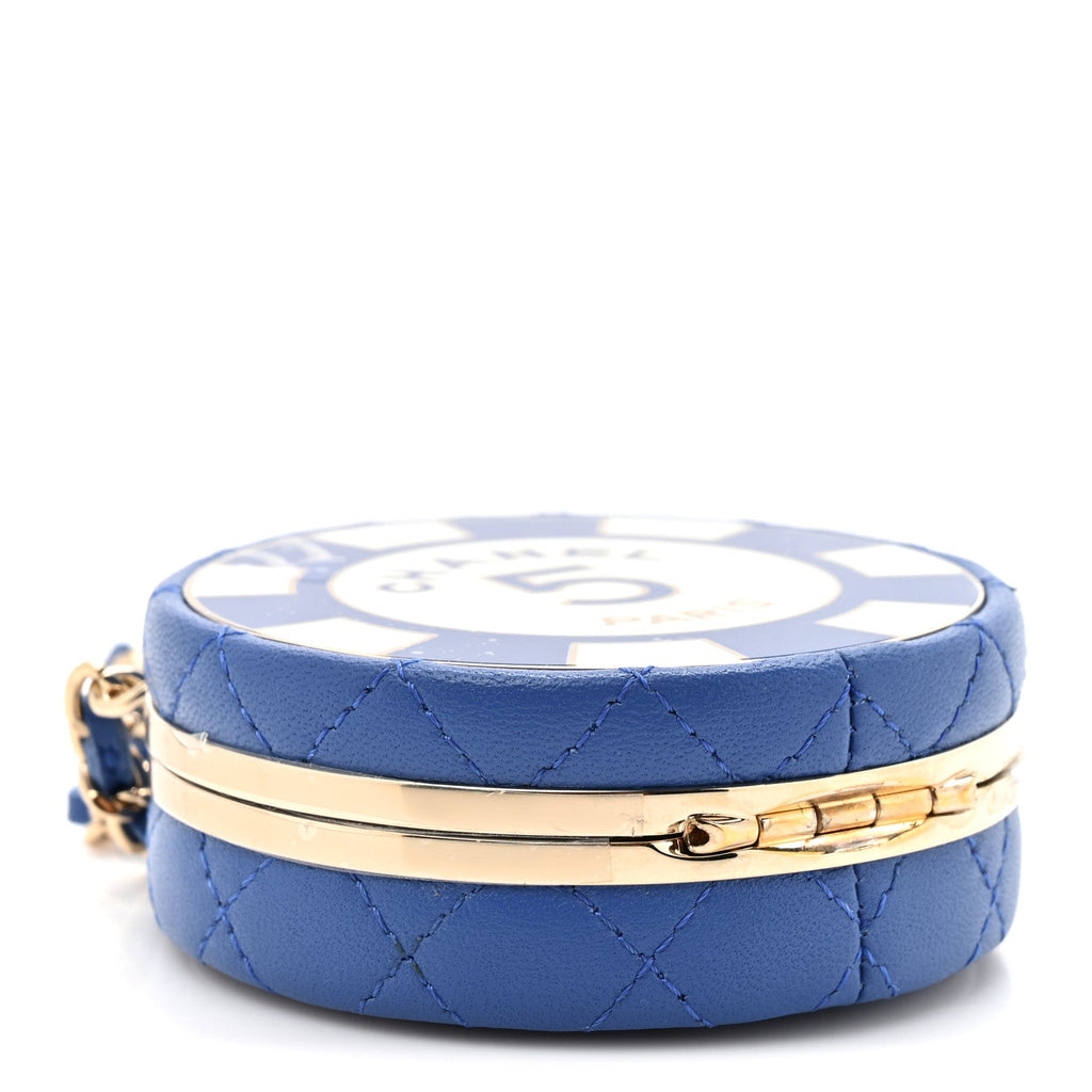 Chanel Lambskin Enamel Quilted Round Poker Chip Clutch With Chain Blue White