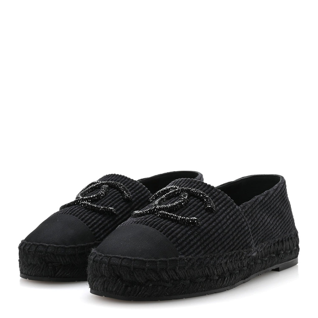 Corduroy Grosgrain Cap Toe CC Espadrille Flats 39 Black