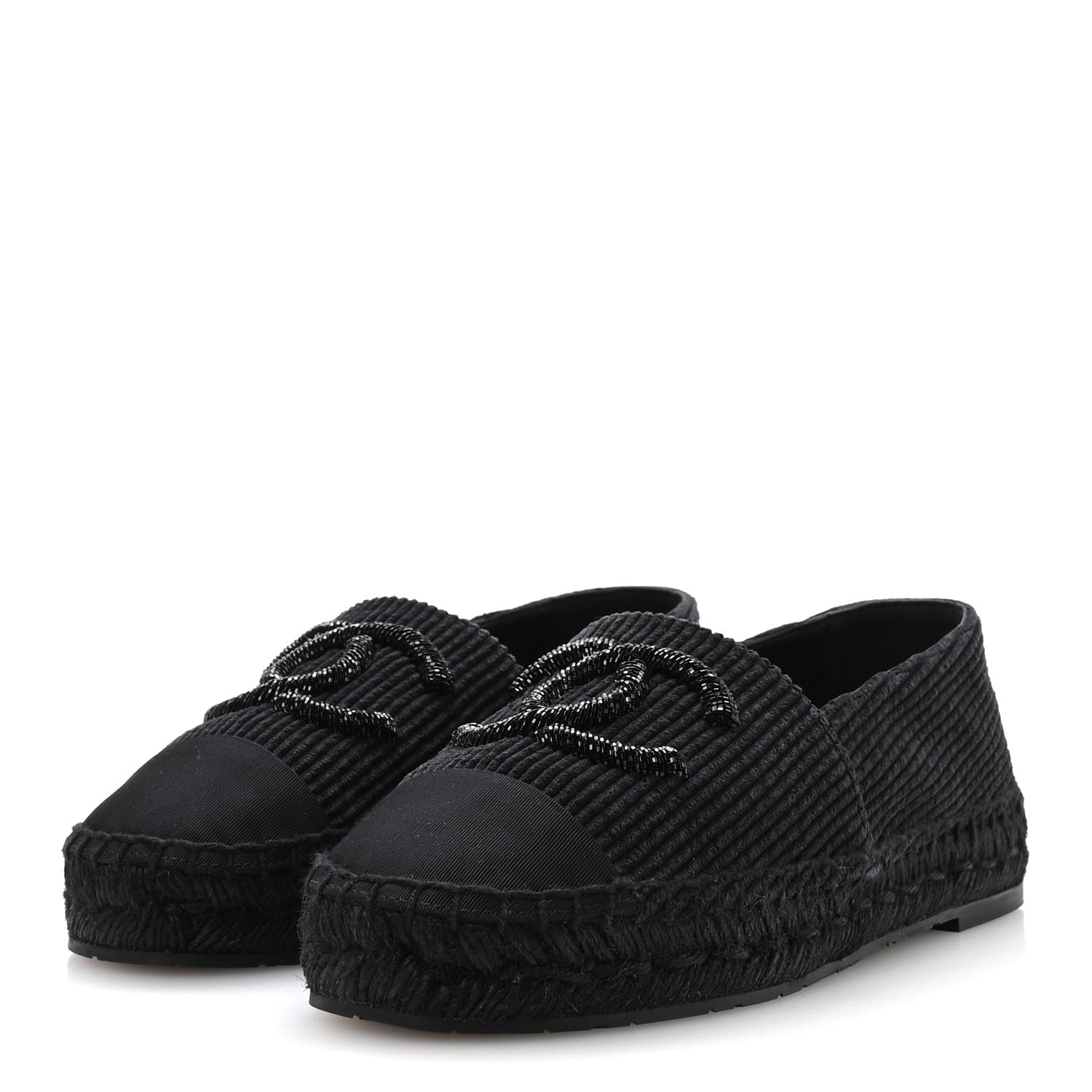 Corduroy Grosgrain Cap Toe CC Espadrille Flats 39 Black