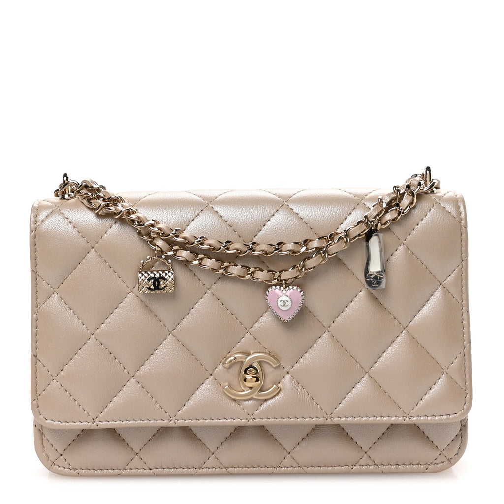Chanel Pearly Lambskin Quilted Charms Wallet On Chain WOC Beige