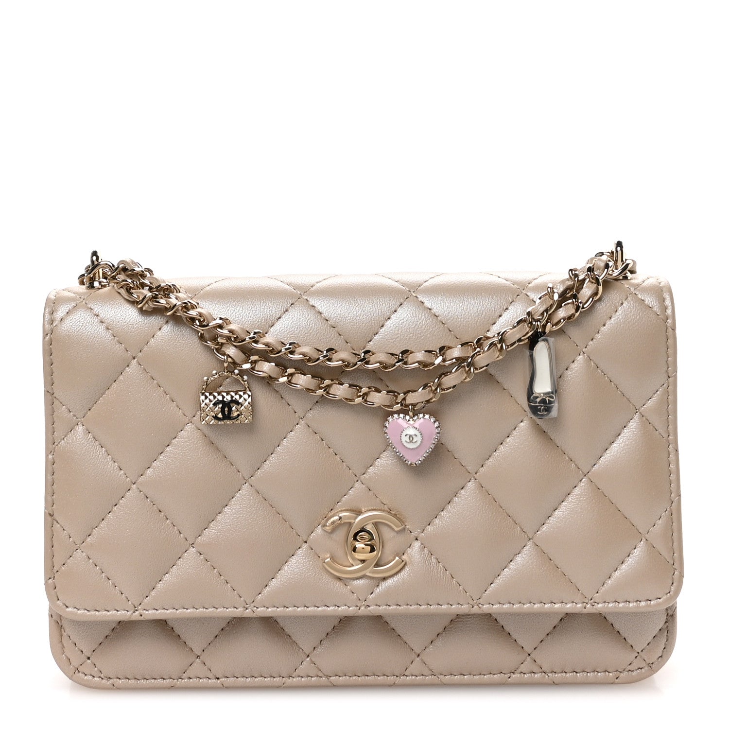 Chanel Pearly Lambskin Quilted Charms Wallet On Chain WOC Beige