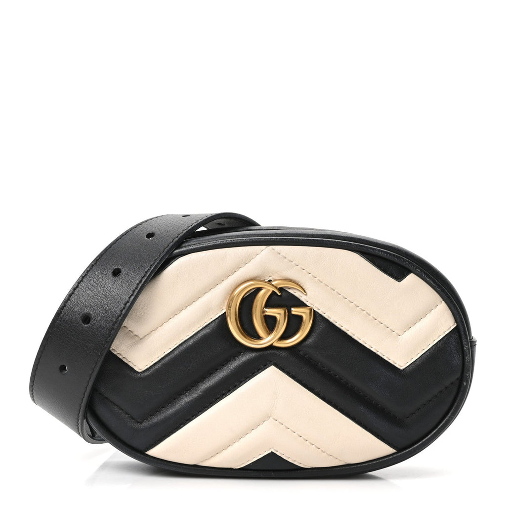 Gucci Calfskin Matelasse GG Marmont Belt Bag 85 34 Black White