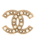 Metal Crystal Graduated Pearl CC Brooch Gold
