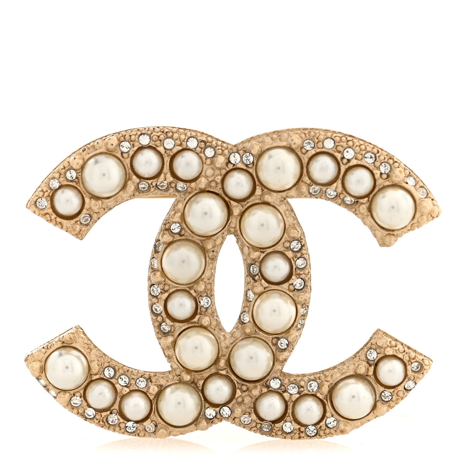 Metal Crystal Graduated Pearl CC Brooch Gold