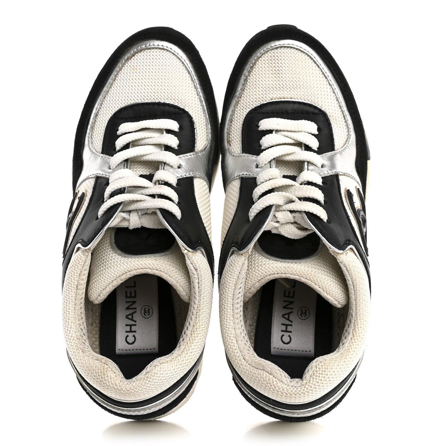 Mesh Suede Calfskin Grained Calfskin Womens CC Sneakers 35 Black White Silver