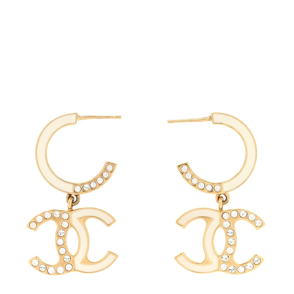Enamel Crystal CC Drop Earrings Black White Gold