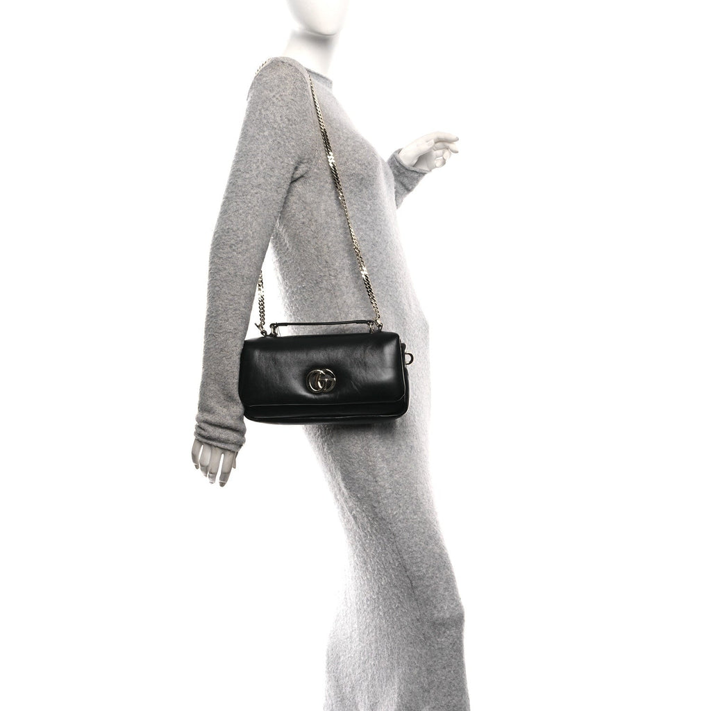 Gucci Lambskin Small GG Milano Top Handle Shoulder Bag Black