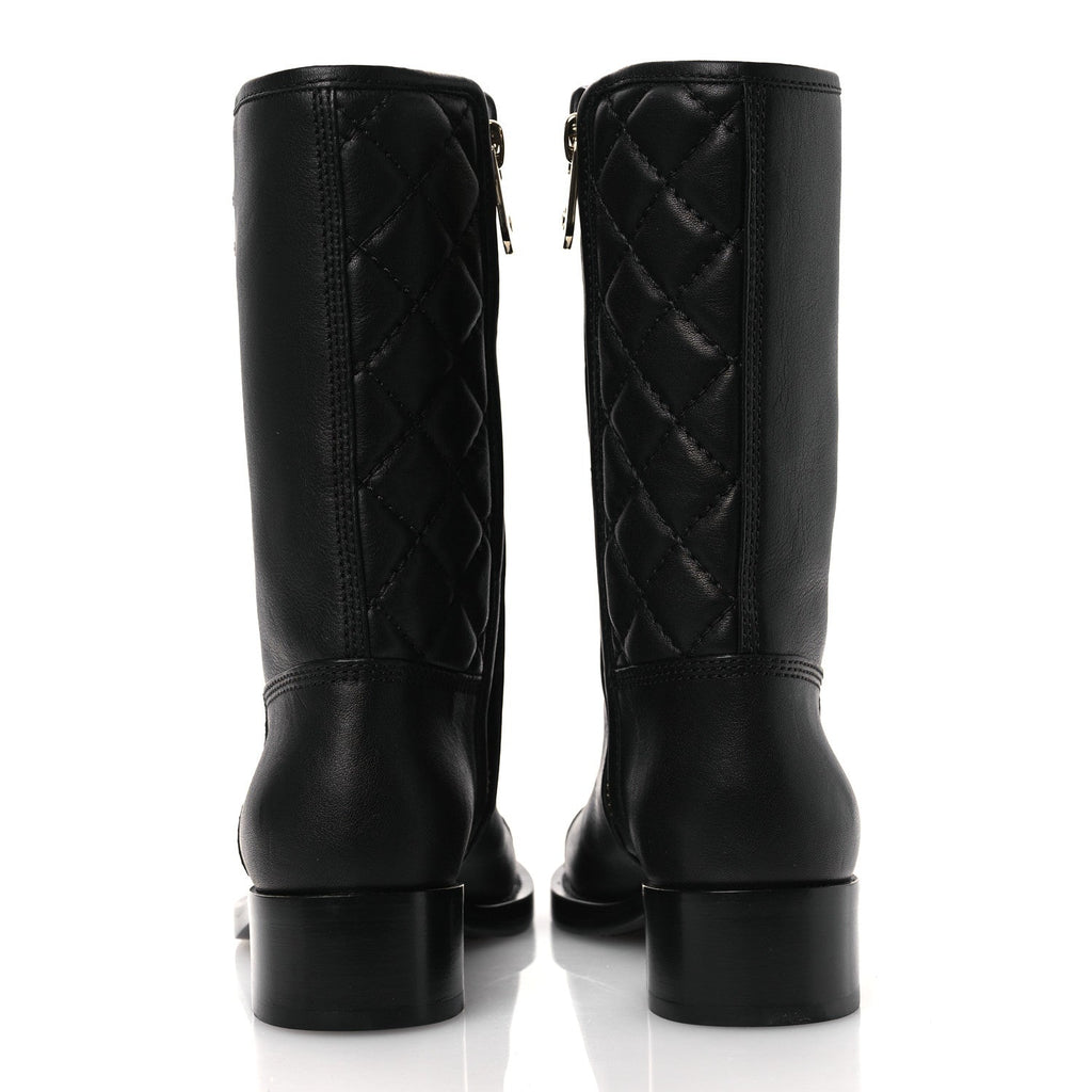 Calfskin Quilted CC Logo Mid Calf Boots 35 Black
