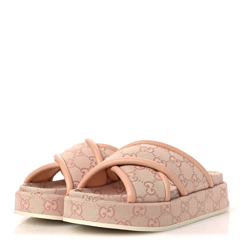 Gucci Monogram GG Calfskin Angelina Platform 55mm Slide Sandals 36.5 Light Pink