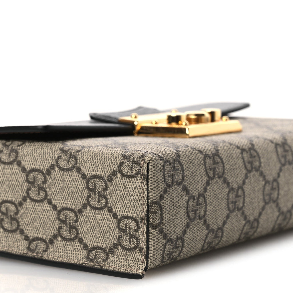 Gucci GG Supreme Monogram Calfskin Mini Padlock Top Handle Shoulder Bag Beige Black Cuir