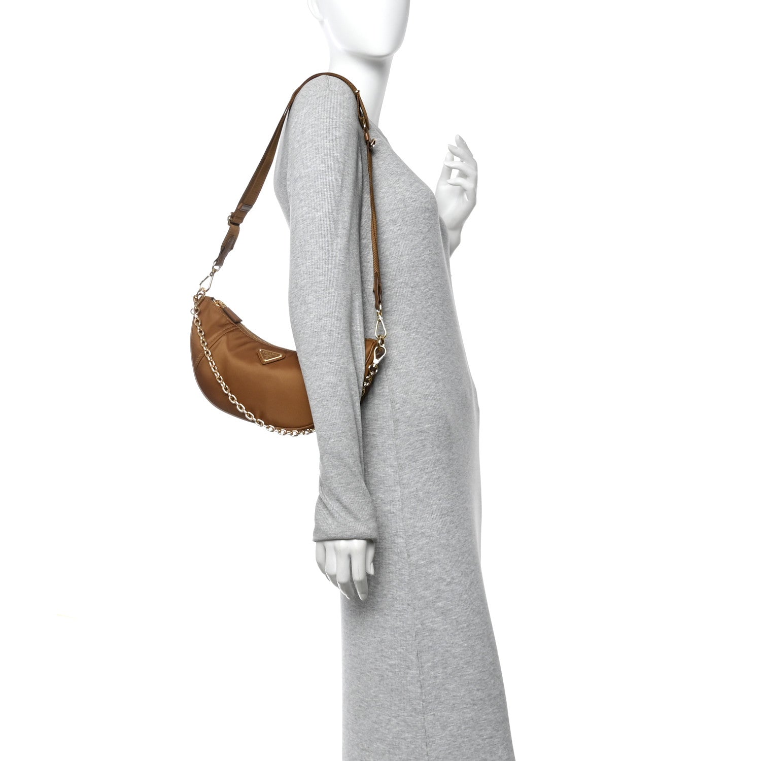 Prada Re-Nylon Saffiano Demi-lune Shoulder Bag Brown