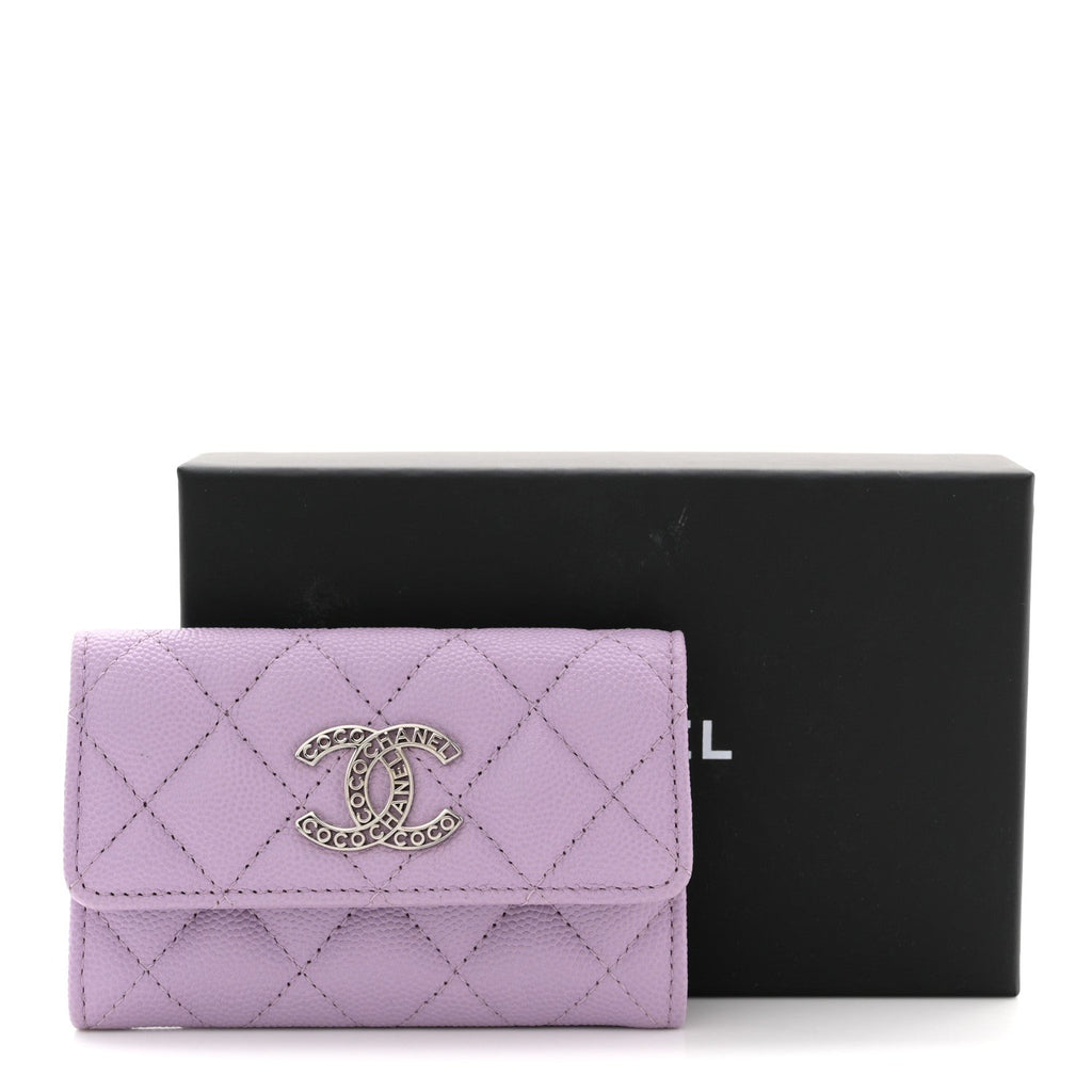 Caviar Quilted CC Logo Flap Wallet Light Purple