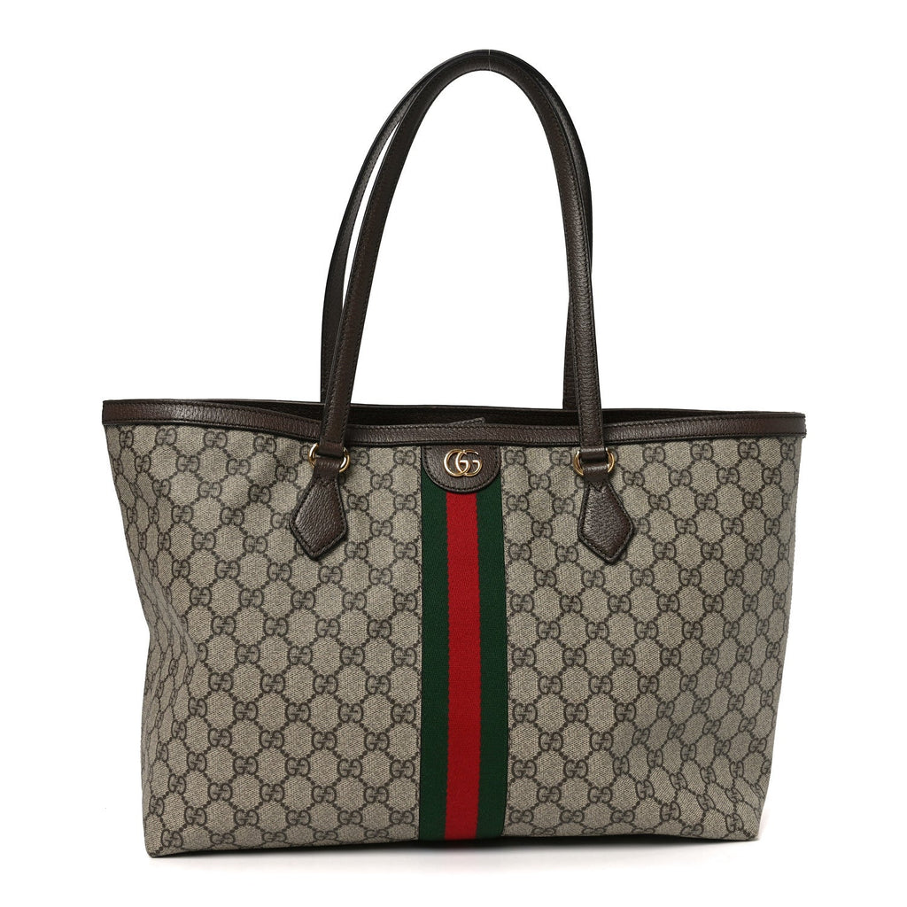 Gucci GG Supreme Monogram Textured Calfskin Web Medium Ophidia Shopping Tote Beige Ebony New Acero