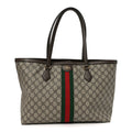 Gucci GG Supreme Monogram Textured Calfskin Web Medium Ophidia Shopping Tote Beige Ebony New Acero