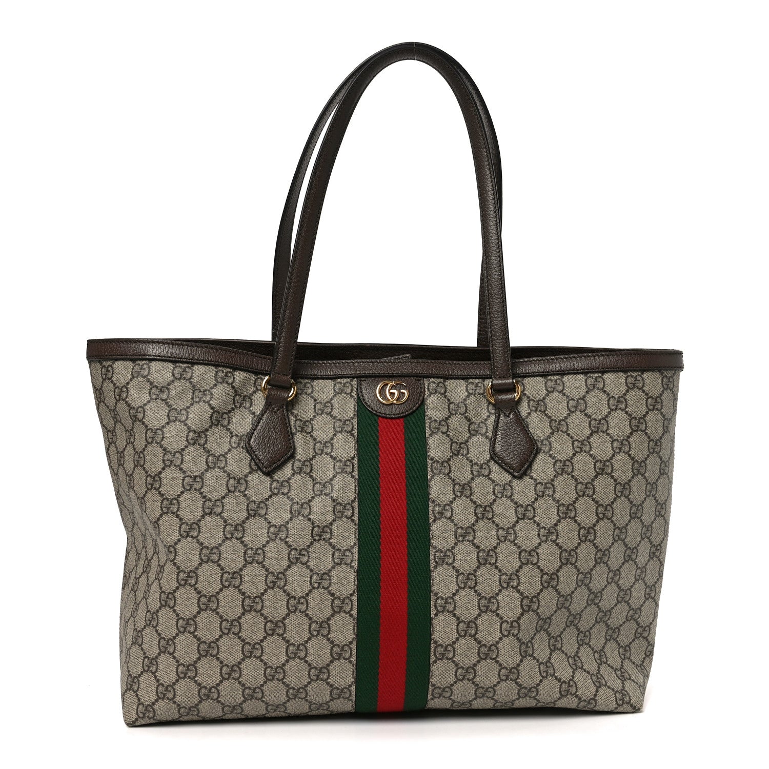 Gucci GG Supreme Monogram Textured Calfskin Web Medium Ophidia Shopping Tote Beige Ebony New Acero