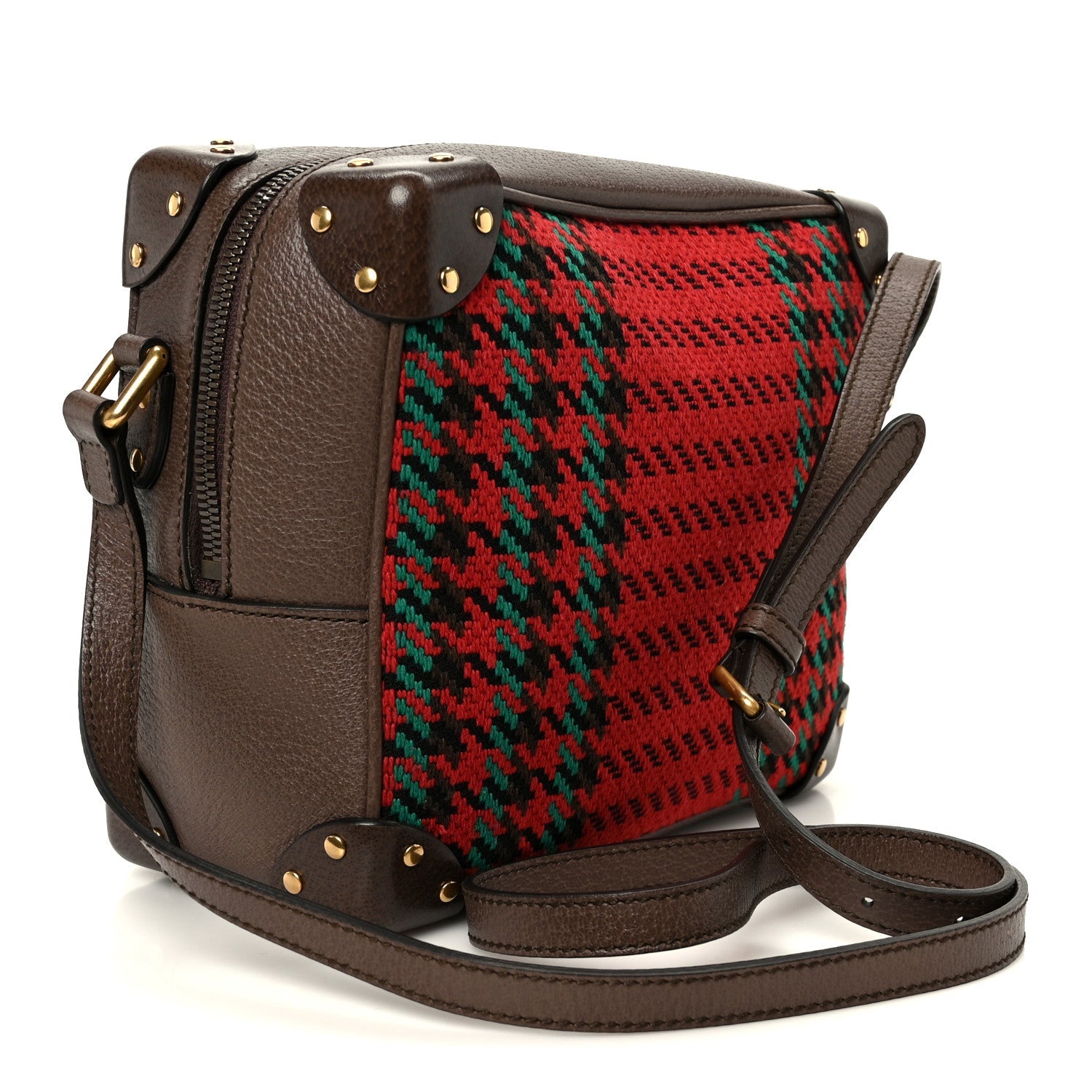 Gucci Cotton Wool Textured Calfskin Houndstooth Woven Square Messenger Bag Red Green Ivory Multicolor New Acero
