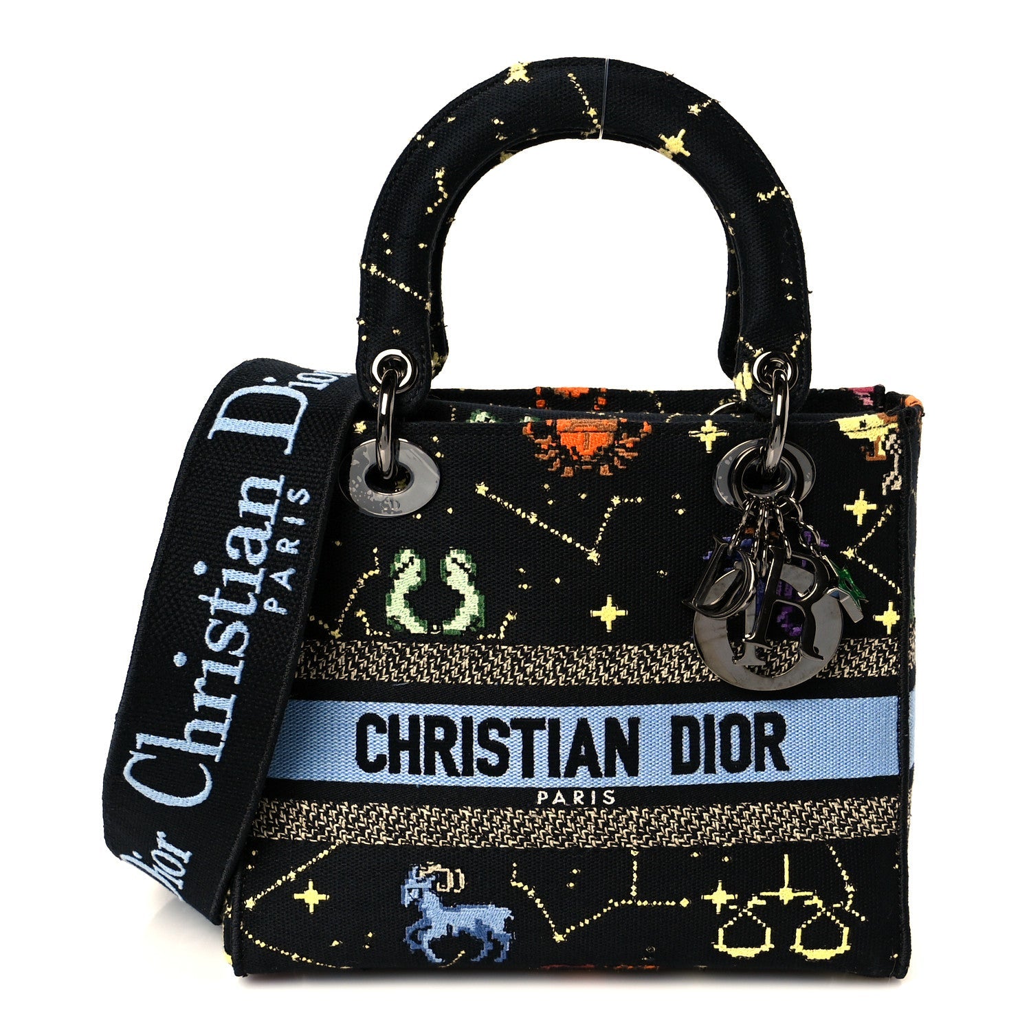 Christian Dior Canvas Pixel Zodiac Embroidered Medium Lady D-Lite Nero Multicolor