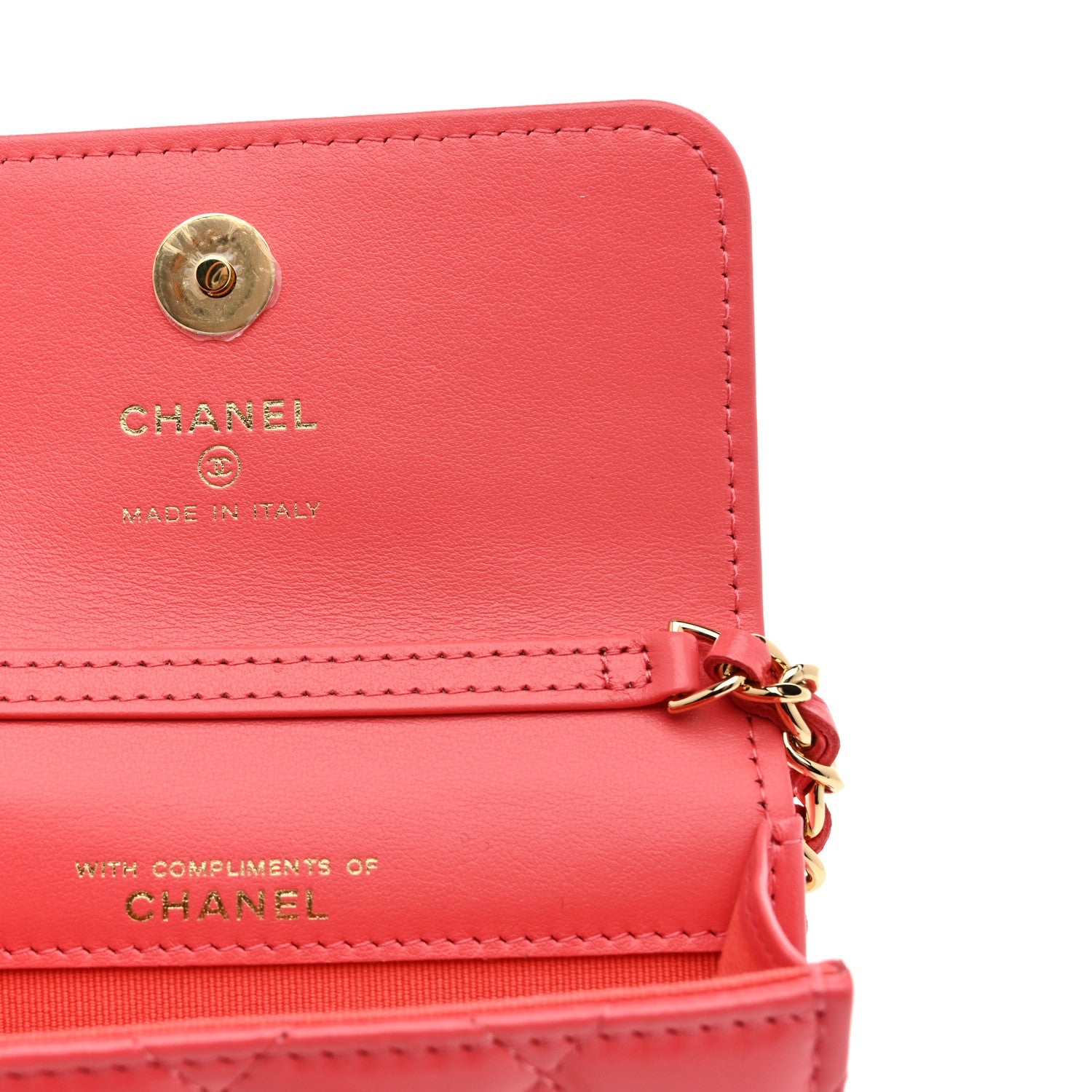 Chanel Shiny Lambskin Quilted Card Holder On Chain Pink