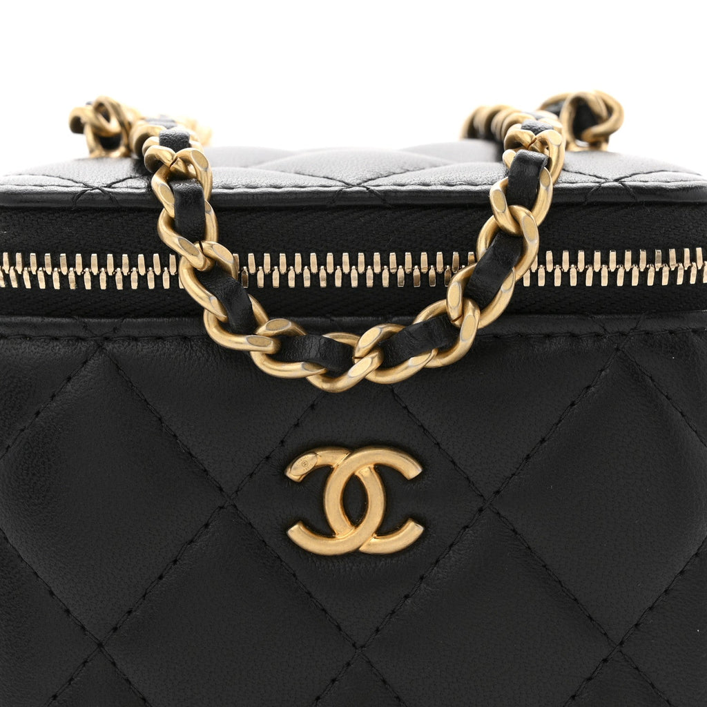 Chanel Lambskin Quilted Mini Pearl Crush Vanity Case With Chain Black