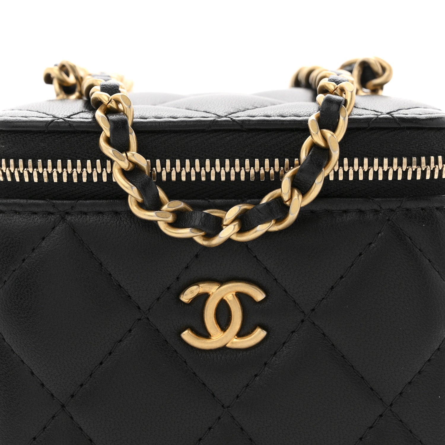Chanel Lambskin Quilted Mini Pearl Crush Vanity Case With Chain Black