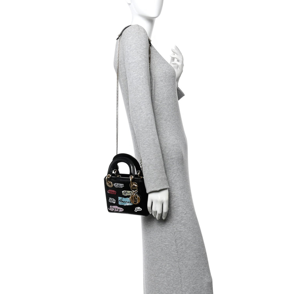 Christian Dior Calfskin Beaded Mini Lady Dior Black