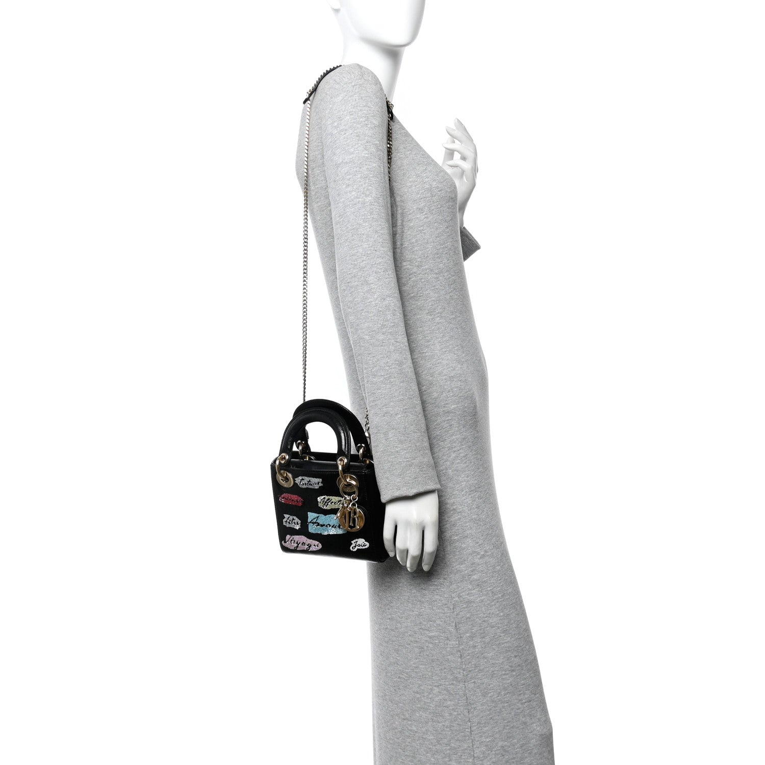 Christian Dior Calfskin Beaded Mini Lady Dior Black