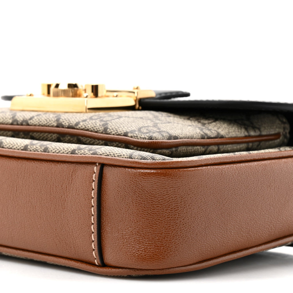 Gucci GG Supreme Monogram New Sakai Lux Calfskin Mini Padlock Flap Pocket Shoulder Bag Beige Ebony Black Cuir