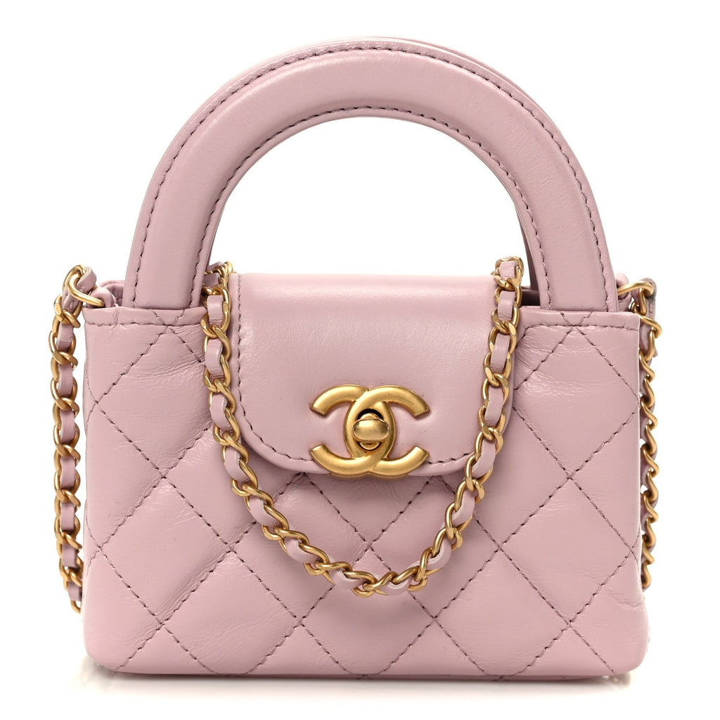 Chanel Shiny Aged Calfskin Quilted Mini Nano Kelly Shopper Light Pink
