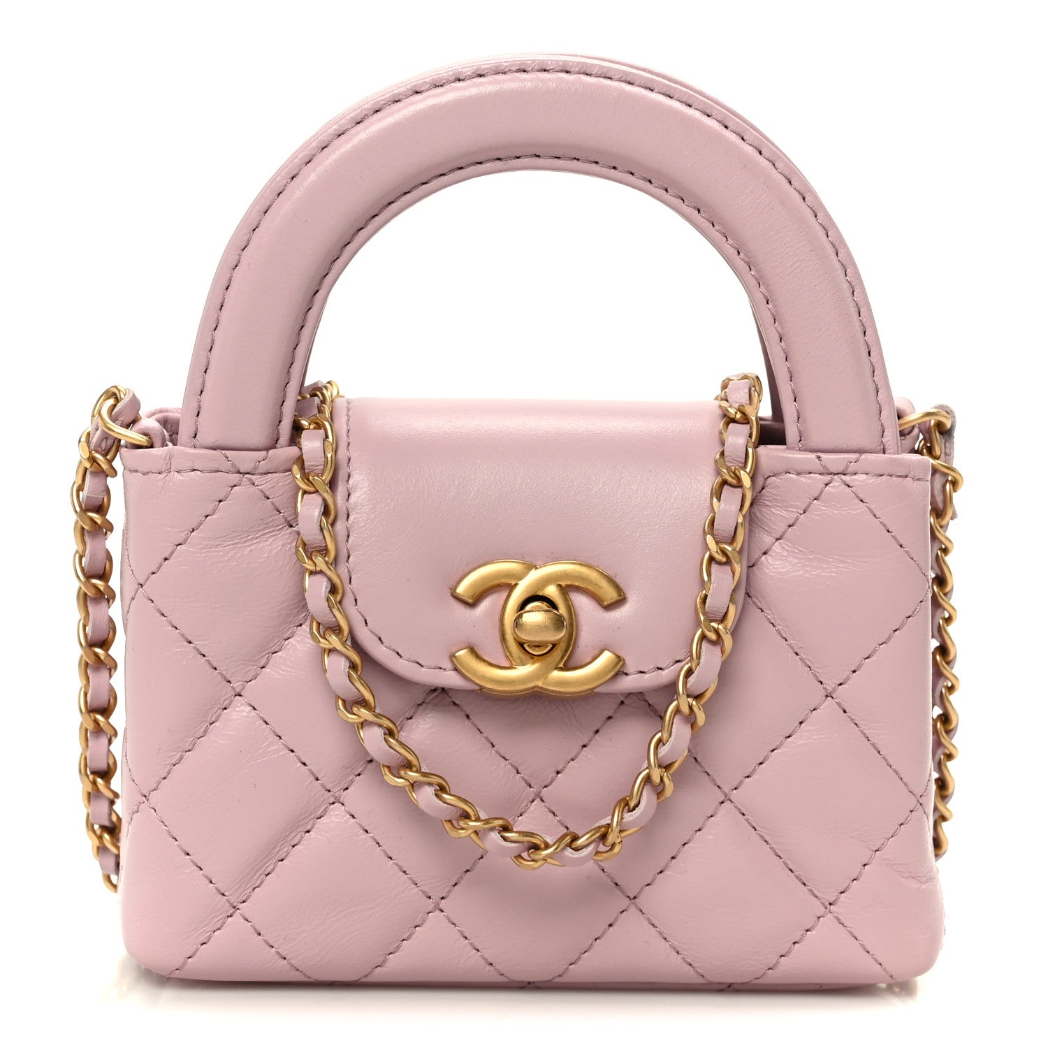 Chanel Shiny Aged Calfskin Quilted Mini Nano Kelly Shopper Light Pink