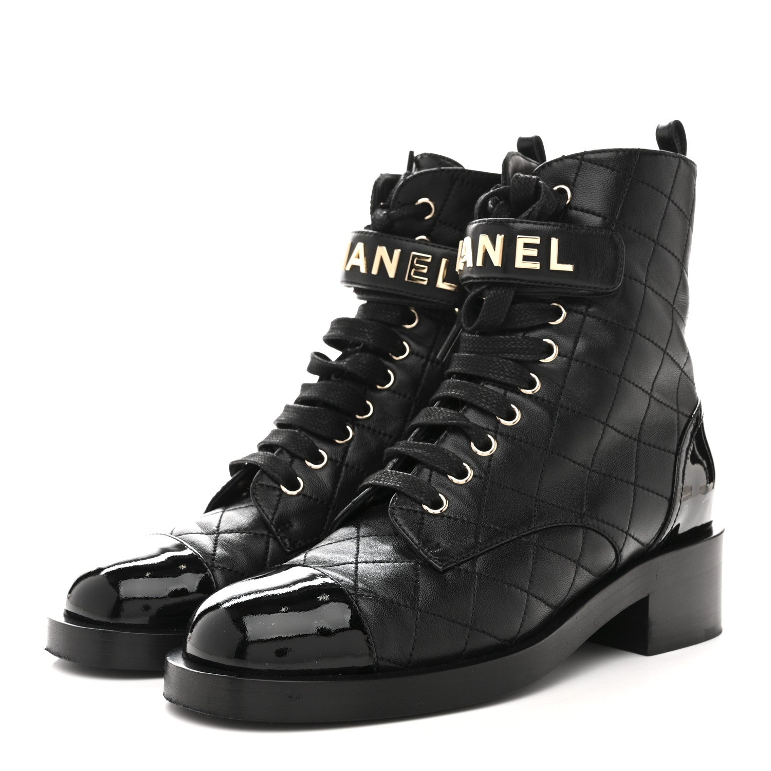 Lambskin Patent Calfskin Quilted Logo Lace Up Combat Boots 37 Black