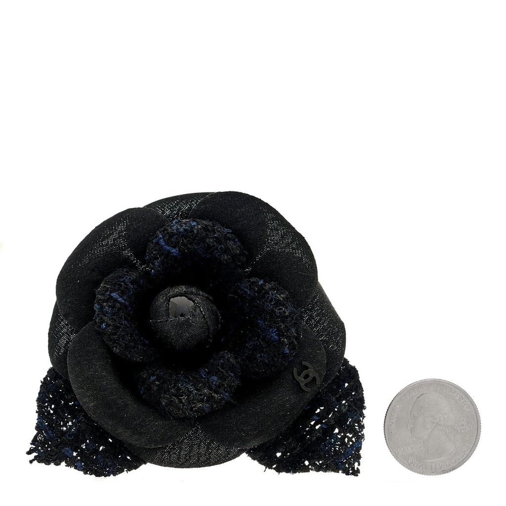Chanel Tweed Fabric Camellia Pin Brooch 115/46 Navy Blue Black