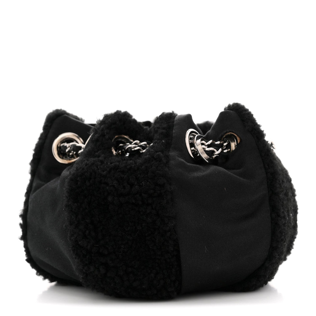 Chanel Fur Satin Drawstring Tassel Sac Cordon Shoulder Bag Black