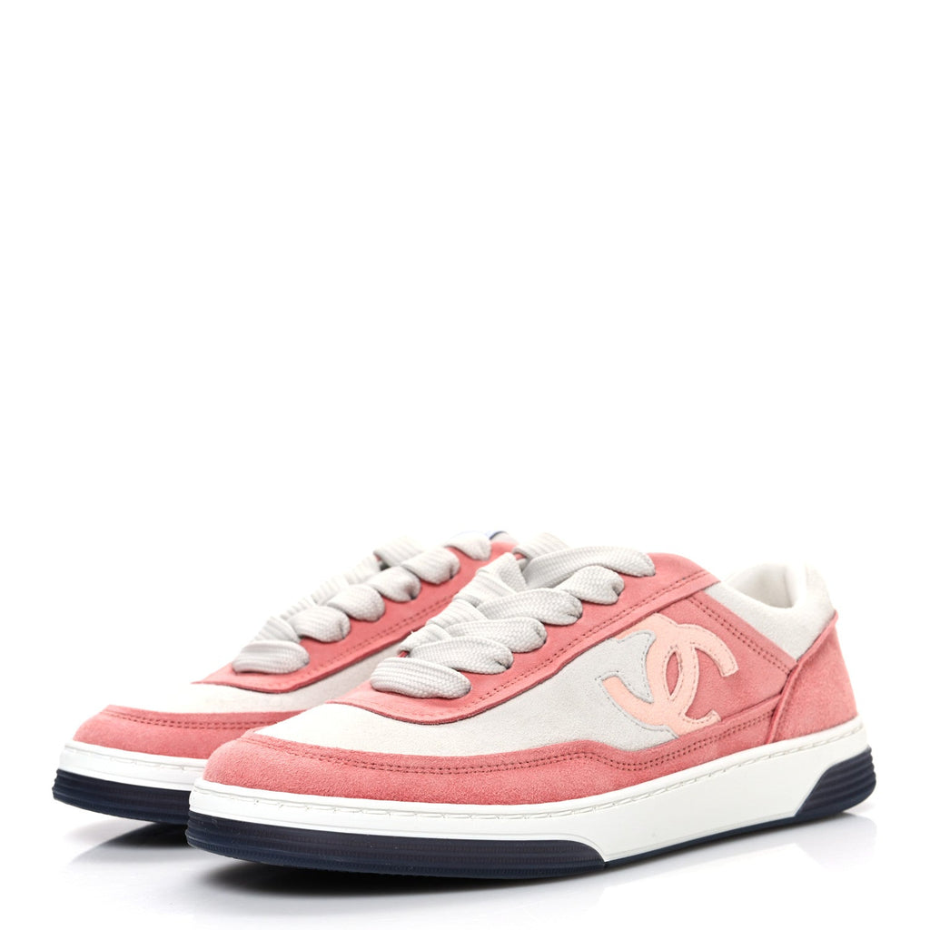 Chanel Suede Kidskin Womens CC Sneakers 35.5 White Pink
