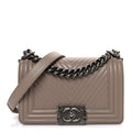 Chanel Calfskin Chevron Quilted Small Boy Flap Dark Beige