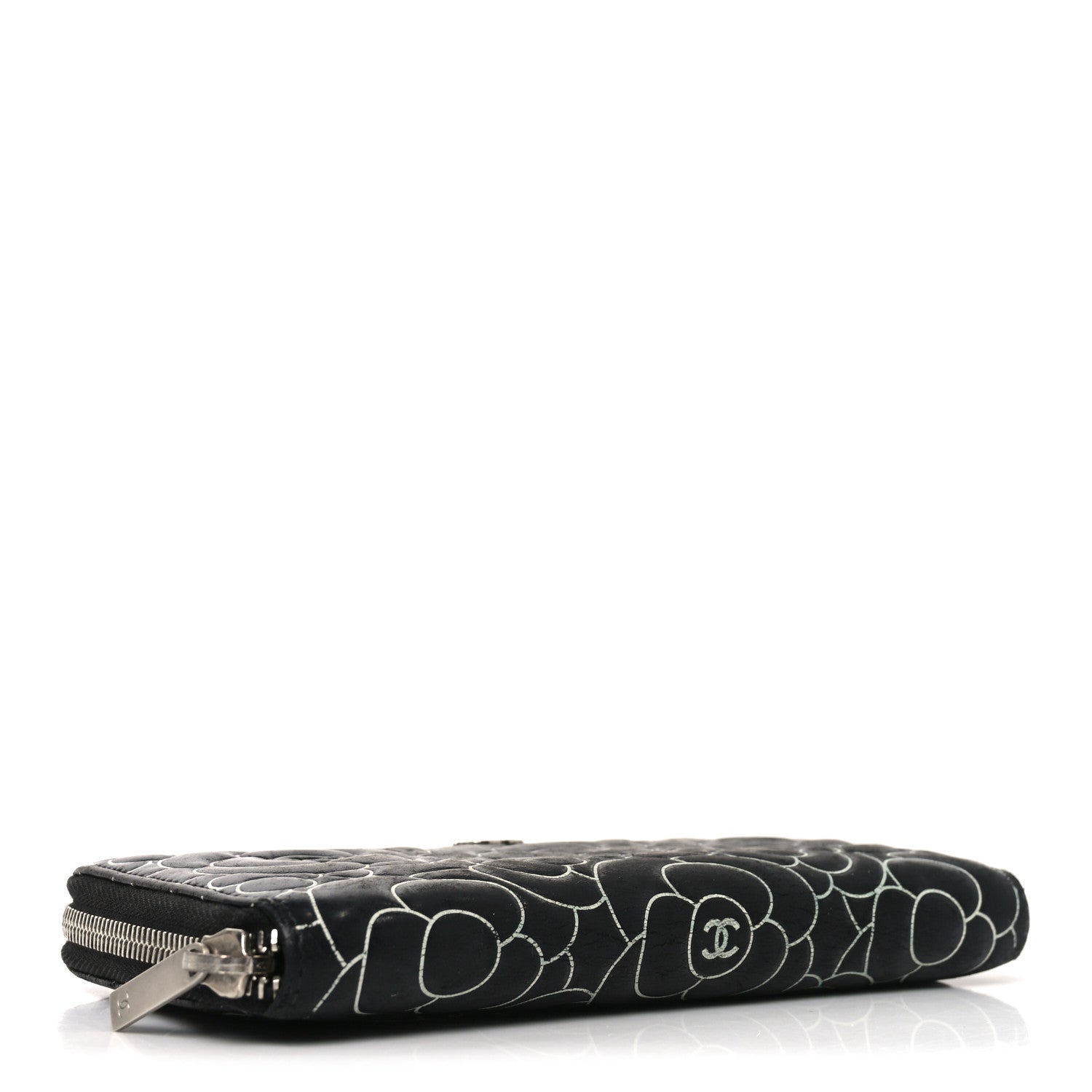 Lambskin Camellia Embossed Large Zip Around Gusset Wallet Black White
